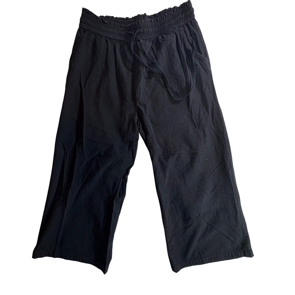 LNX Linen Blend Cropped Pants Womens Medium Black Wide Leg Elastic Waist Casual